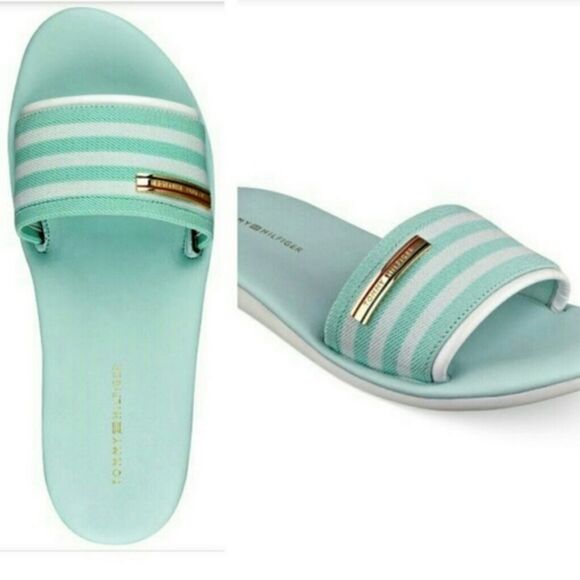 TOMMY Hilfiger Pascal Open Toe Aqua Striped Slides - Picture 1 of 10